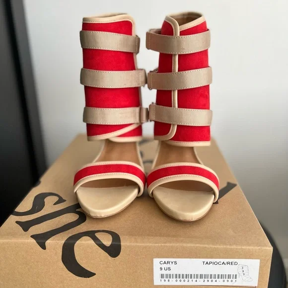 Brand New Women’s Heeled Sandals Red & Beige Size 9 - Picture 3 of 7